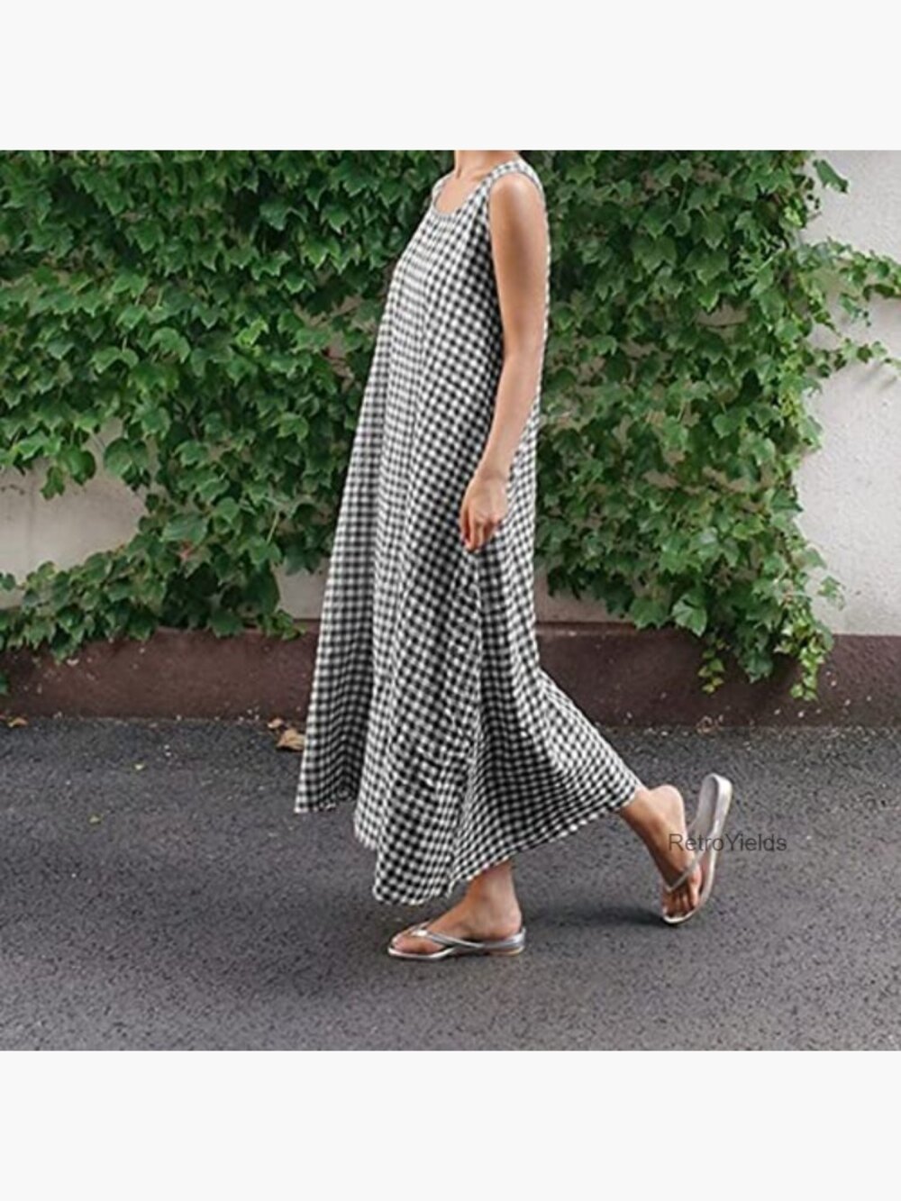 Cotton Linen Tank Maxi Dress with Pockets Plaid Boho - Picture 4 of 5